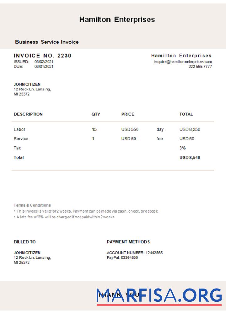 Realistic USA Hamilton Enterprises invoice download for verification